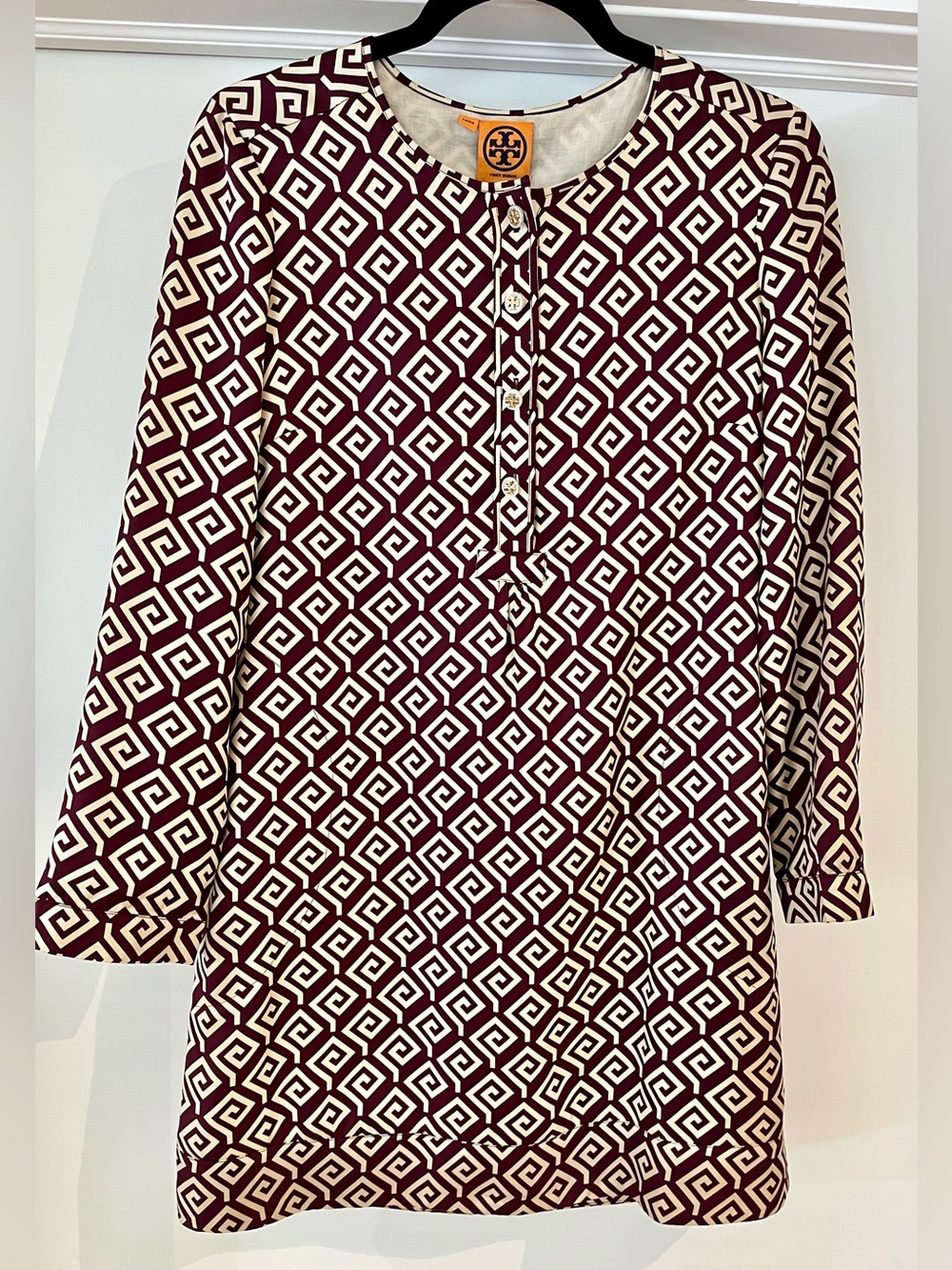Tory Burch Burgundy and Cream Geometric Henley Tunic
